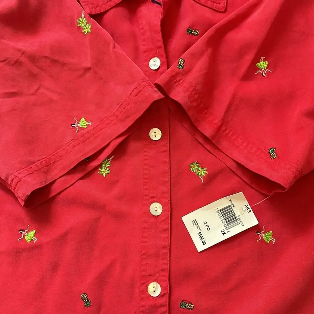 Amy K Su Embroidered Button Up Shirt Tropical Pineapples Hula Girls Red Size 2X